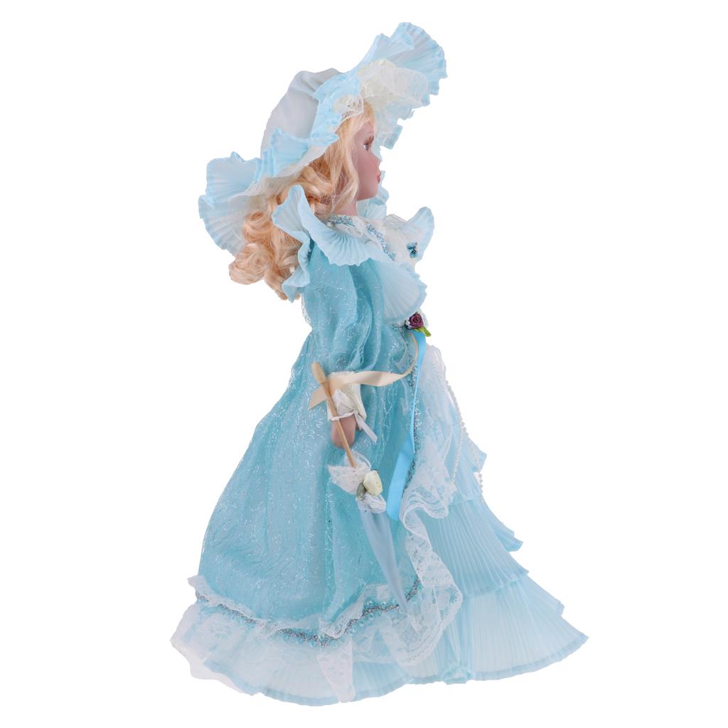 16inch Porcelain Doll with Stand, Lady Figures with Dress Hat, Dollhouse Accessories X8154