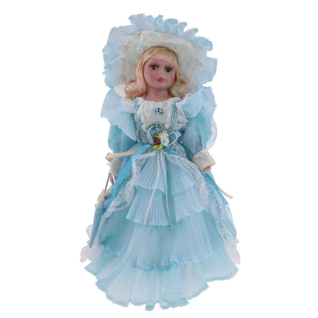 16inch Porcelain Doll with Stand, Lady Figures with Dress Hat, Dollhouse Accessories X8154