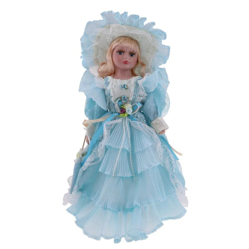 16inch Porcelain Doll with Stand, Lady Figures with Dress Hat, Dollhouse Accessories X8154