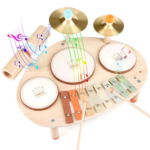 9 in 1 Wooden Musical Instruments Drum Set with Xylophone N24431