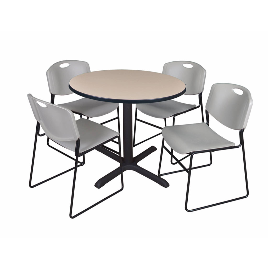 Beige Round Breakroom Table with 4 Black Stack Chairs G599