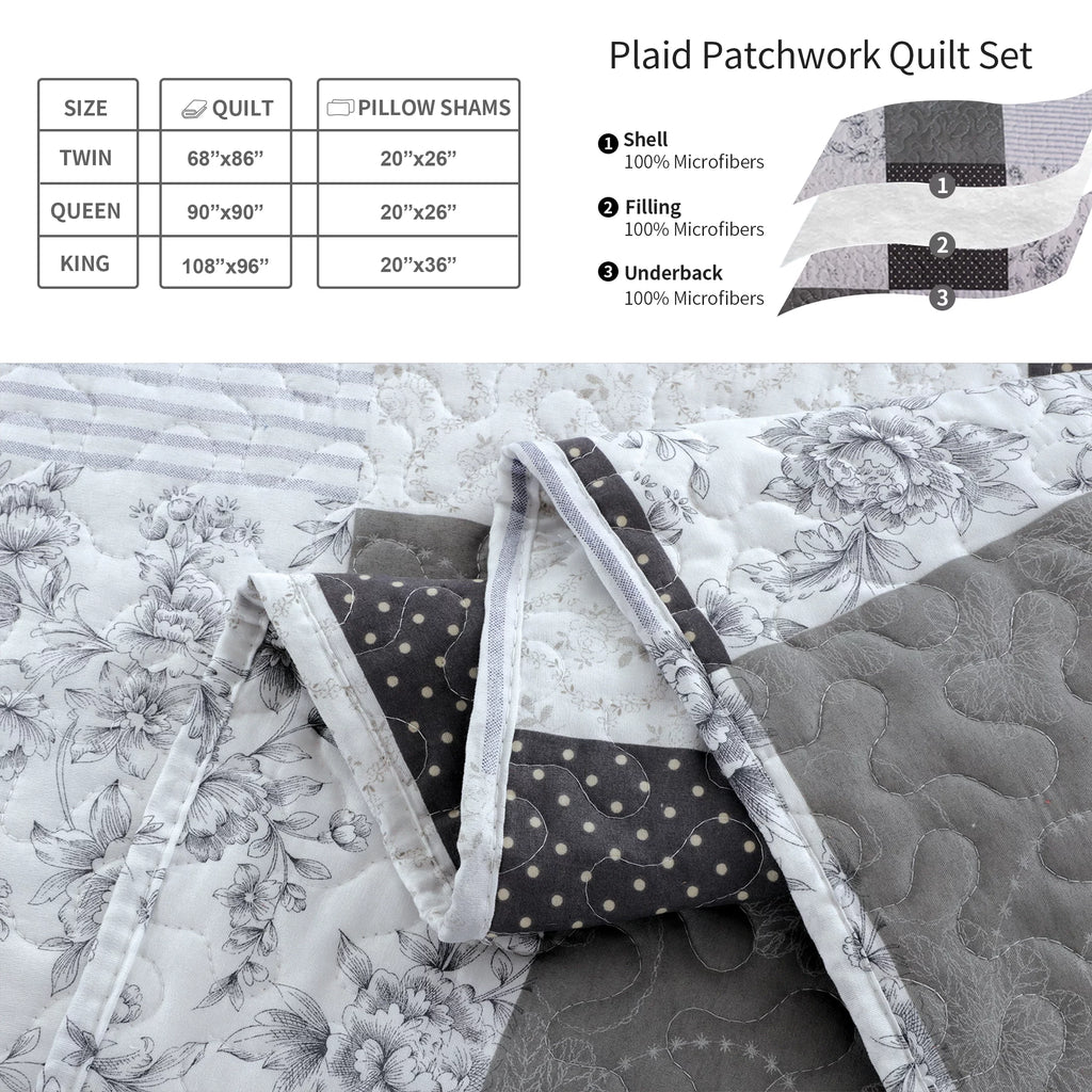 King Size Black White Grey Plaid Patchwork Quilt Microfiber Bedspread P2363