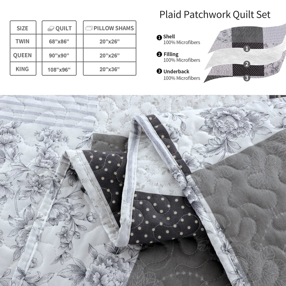 King Size Black White Grey Plaid Patchwork Quilt Microfiber Bedspread P2363