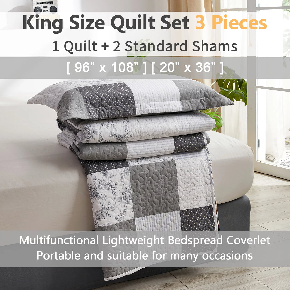 King Size Black White Grey Plaid Patchwork Quilt Microfiber Bedspread P2363