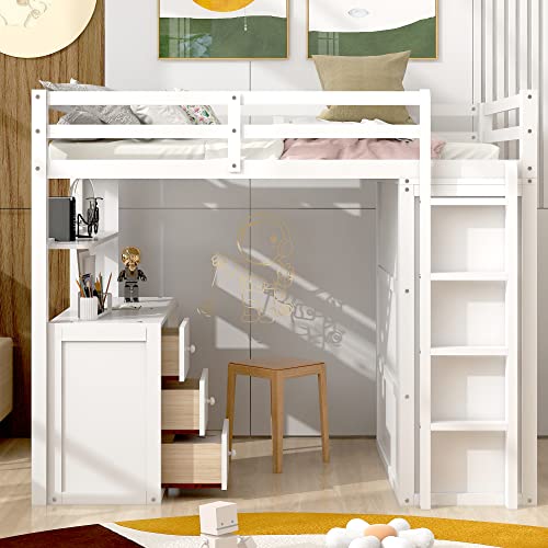 Full Loft Bed with Desk, Wood, Storage Drawers, Wardrobe and Shelf, Espresso U81398