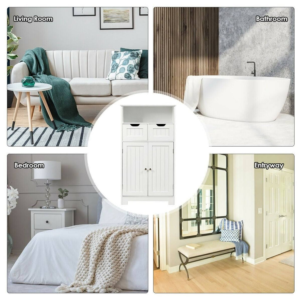 White Wooden Bathroom Side Cabinet with 2 Drawers and 2 Doors C316271