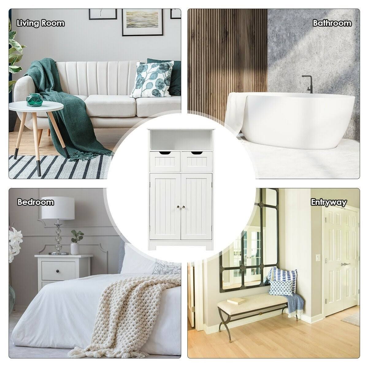 White Wooden Bathroom Side Cabinet with 2 Drawers and 2 Doors C316271