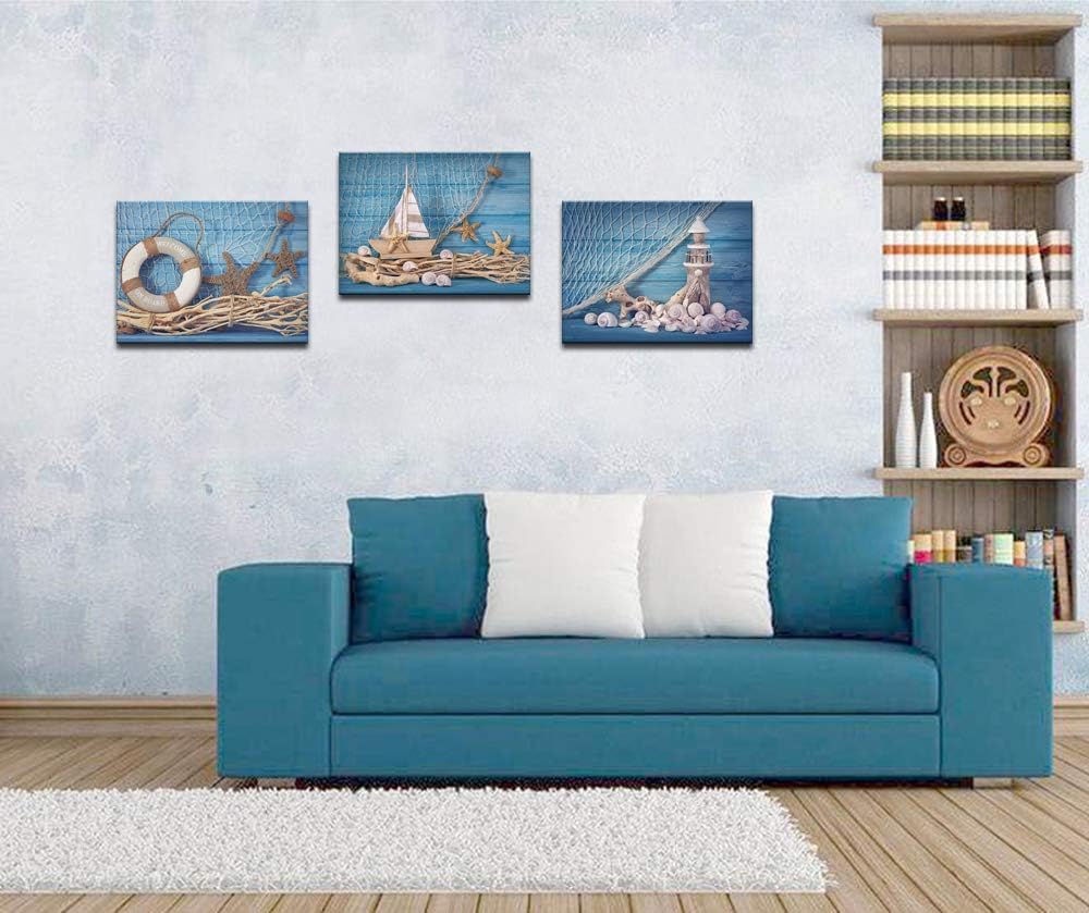 3 Piece Beach Canvas Wall Art Seashell Startfish with Blue Board Picture Prints Maritime Sailing Boat Lighthouse Poster Painting E9744