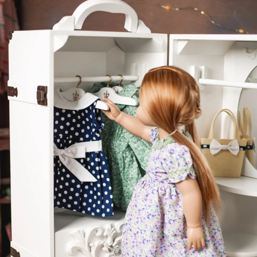 18 Inch Doll Clothes Storage Case Wooden Trunk with Vanity, Stool, Hangers X229