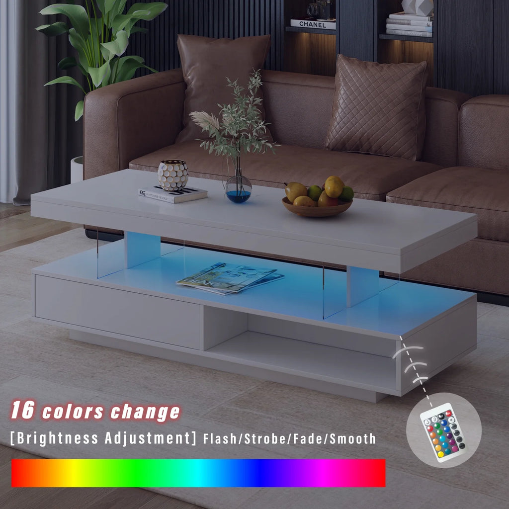 White LED Coffee Table with Storage and 2 Drawers L4029