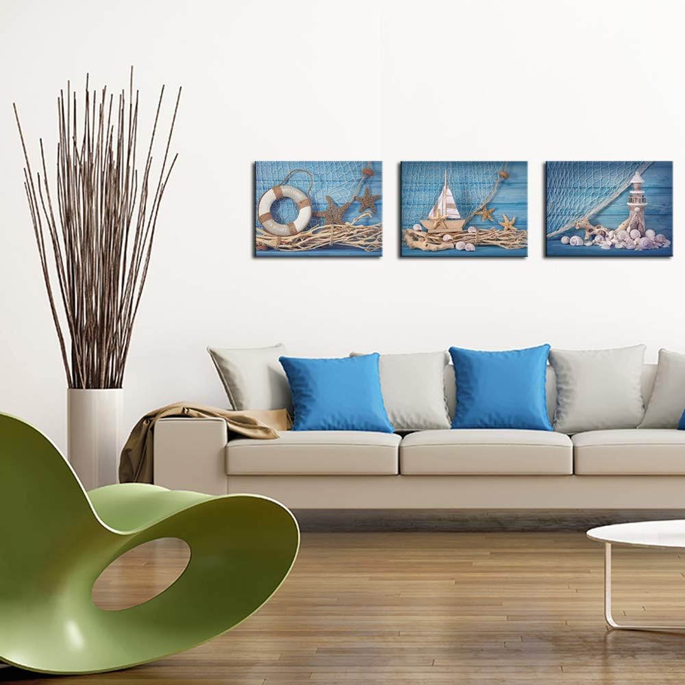 3 Piece Beach Canvas Wall Art Seashell Startfish with Blue Board Picture Prints Maritime Sailing Boat Lighthouse Poster Painting E9744