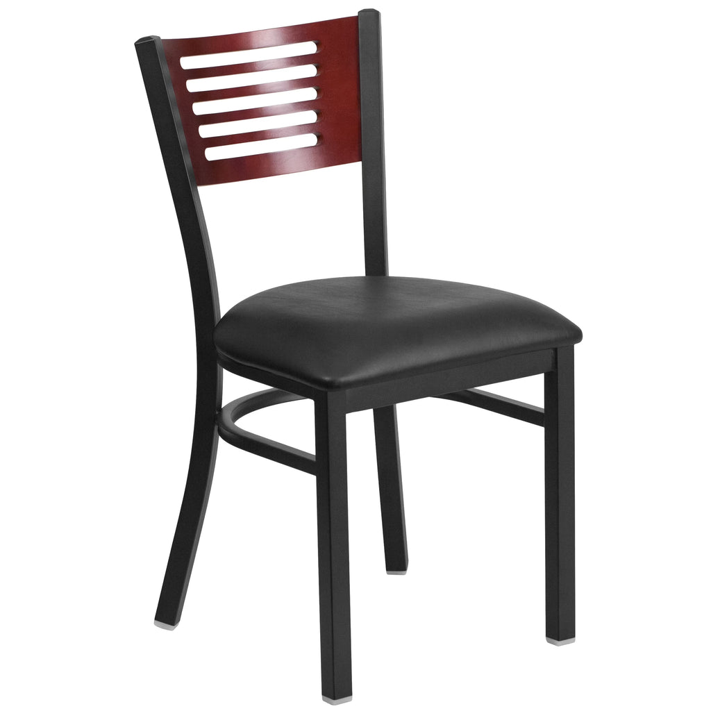 Black Slat Back Metal Restaurant Chair with Wood Back and Vinyl Seat Z414