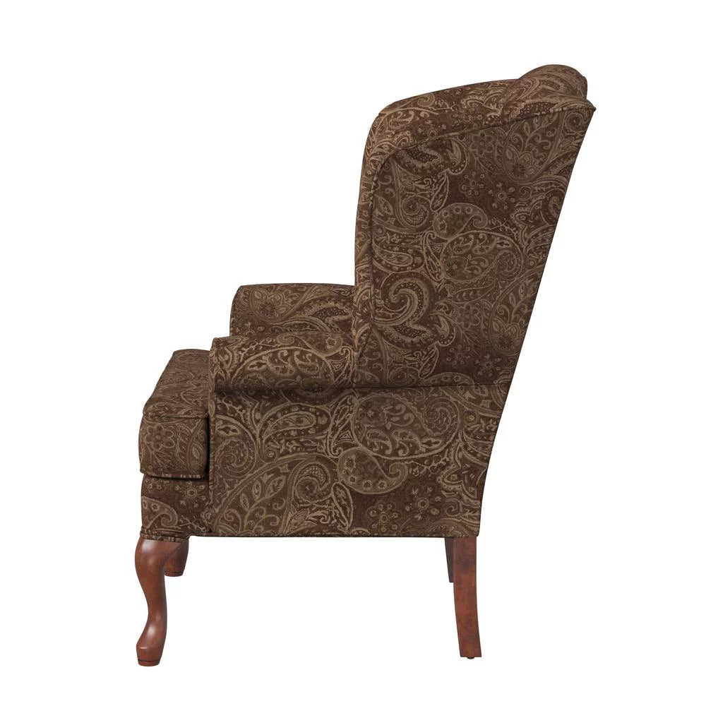 Paisley Cocoa Brown Chenille Fabric Wing Back Accent Chair F752