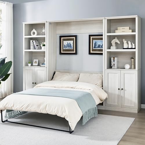 White Wood Full Size Murphy Bed with Storage Cabinet Z894