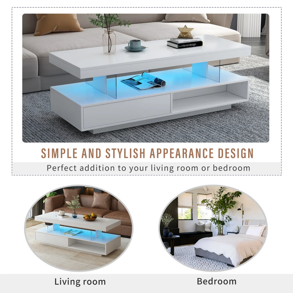 White LED Coffee Table with Storage and 2 Drawers L4029