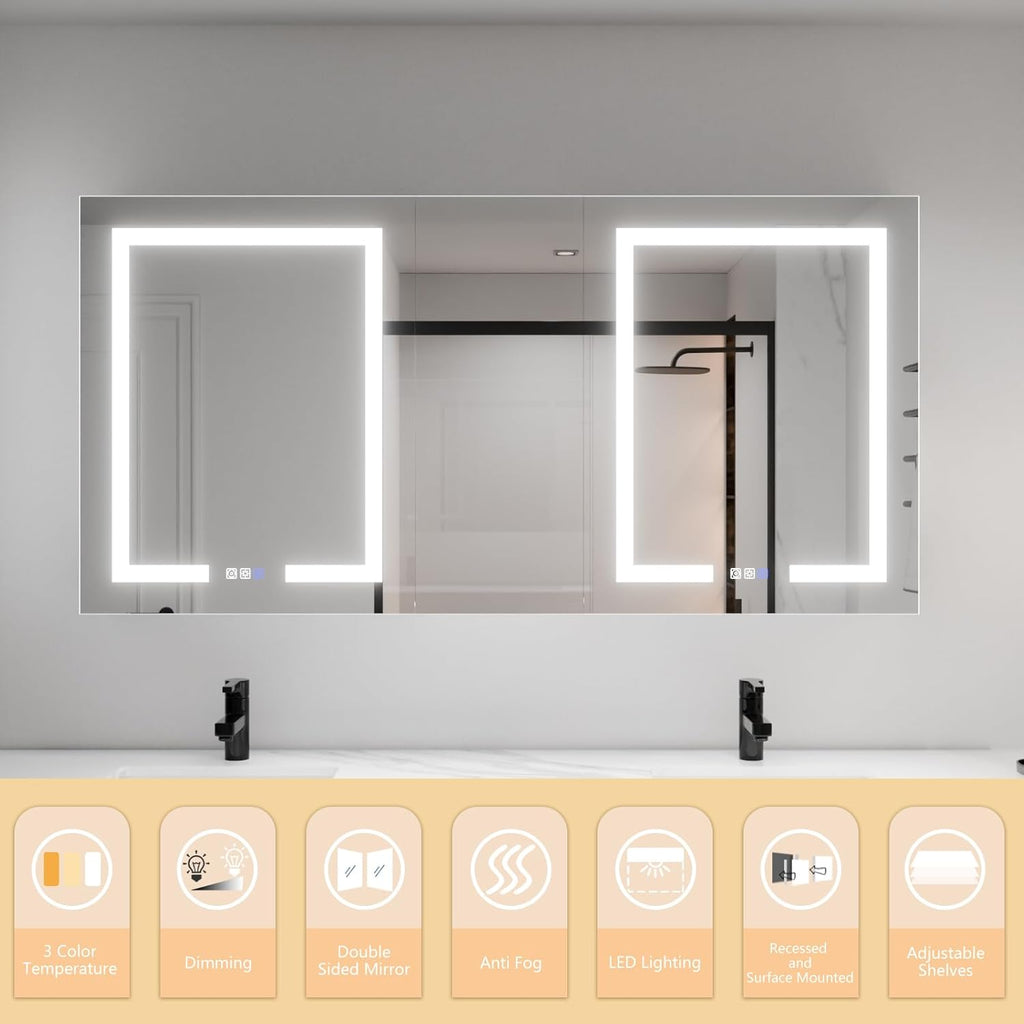 LED Lighted Bathroom Medicine Cabinet with Mirror, 60 x 30 Inch, with Extra Closed Storage Cabinet A981273