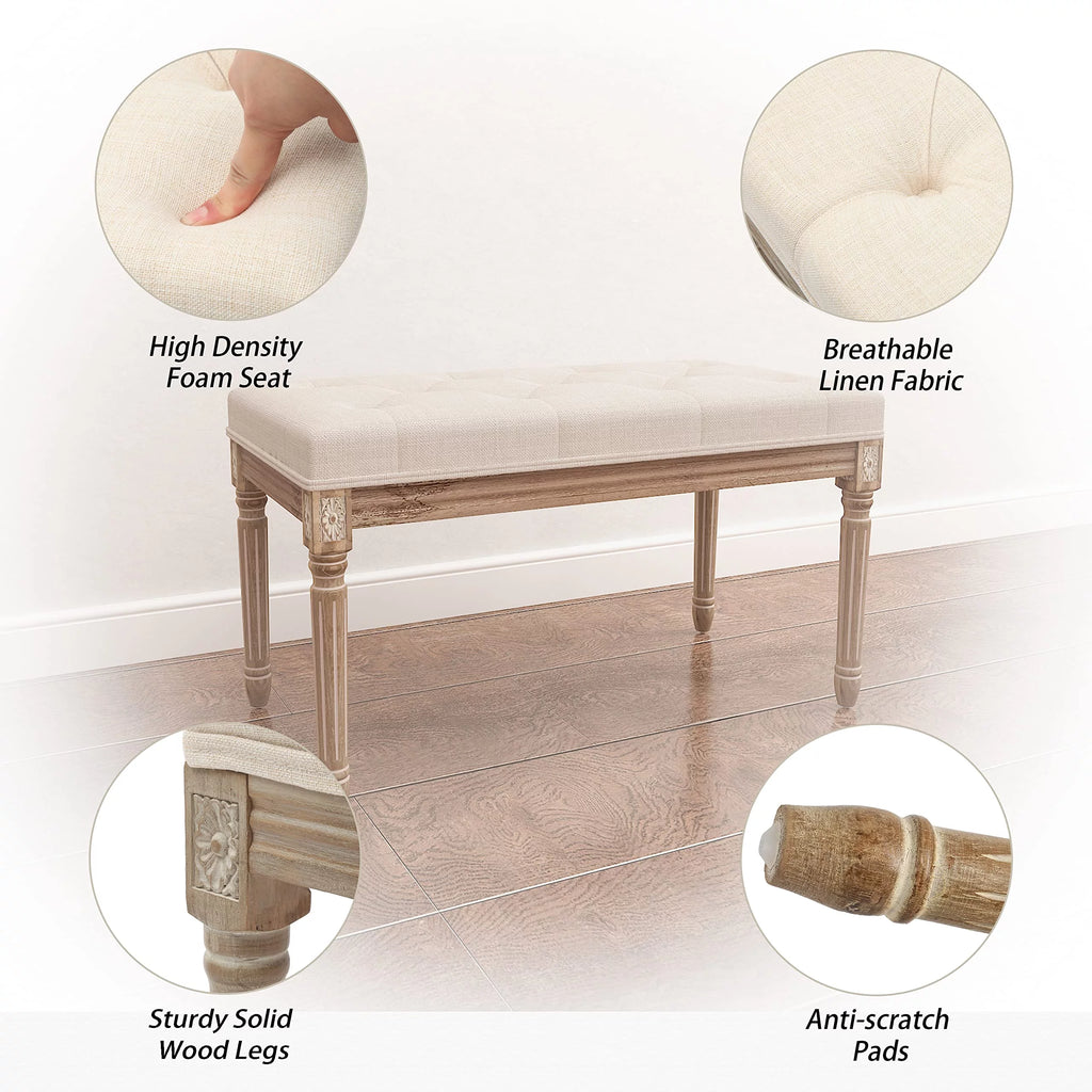 Beige Upholstered Bench with Carved Wood Legs E30301