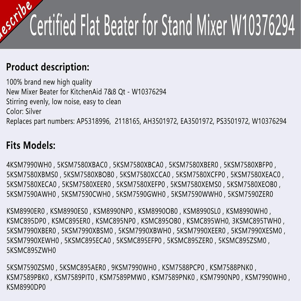 7&8 Quart Stainless Steel Flat Beater for Stand Mixer I35098