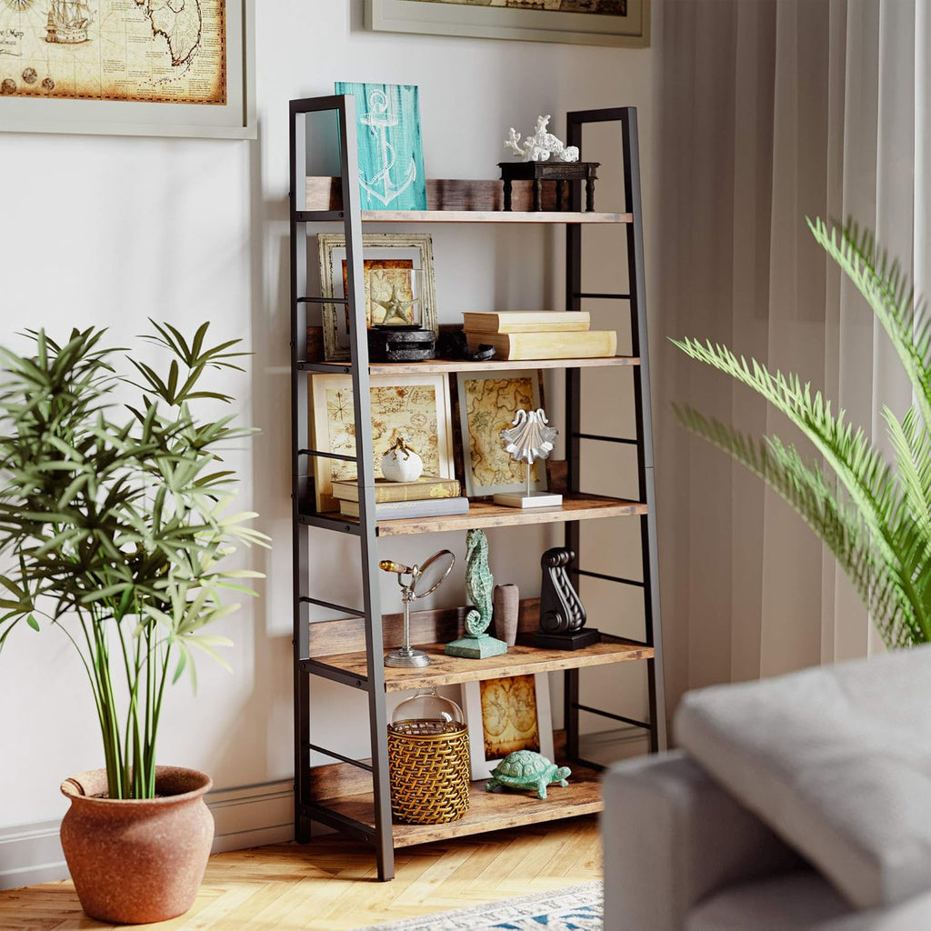 Industrial Bookshelves and Bookcases, Ladder Shelf 5 Tier with Metal Frame, Rustics Brown G2840
