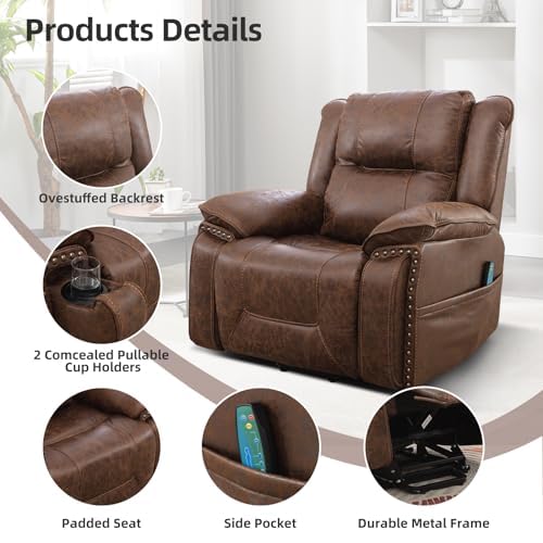 Brown Leather Power Lift Chair with Massage and Heat U7428