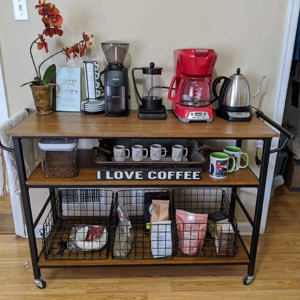 Industrial Kitchen Cart with Wheels and 3 Metal Storage Baskets E210271