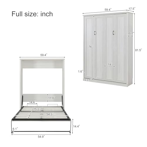 White Wood Full Size Murphy Bed with Storage Cabinet Z894