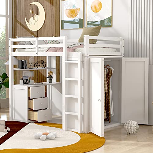Full Loft Bed with Desk, Wood, Storage Drawers, Wardrobe and Shelf, Espresso U81398