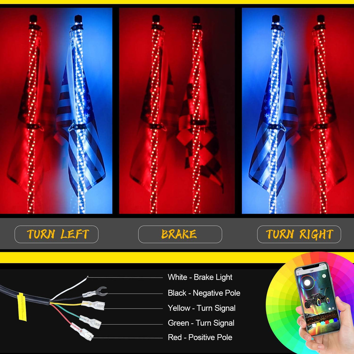 Seamless Spiral Wrapped 4FT Lighted Whips with Remote and App Control H7346