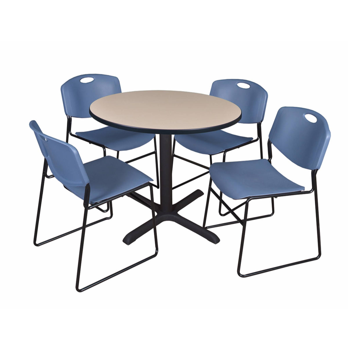 Beige Round Breakroom Table with 4 Black Stack Chairs G599