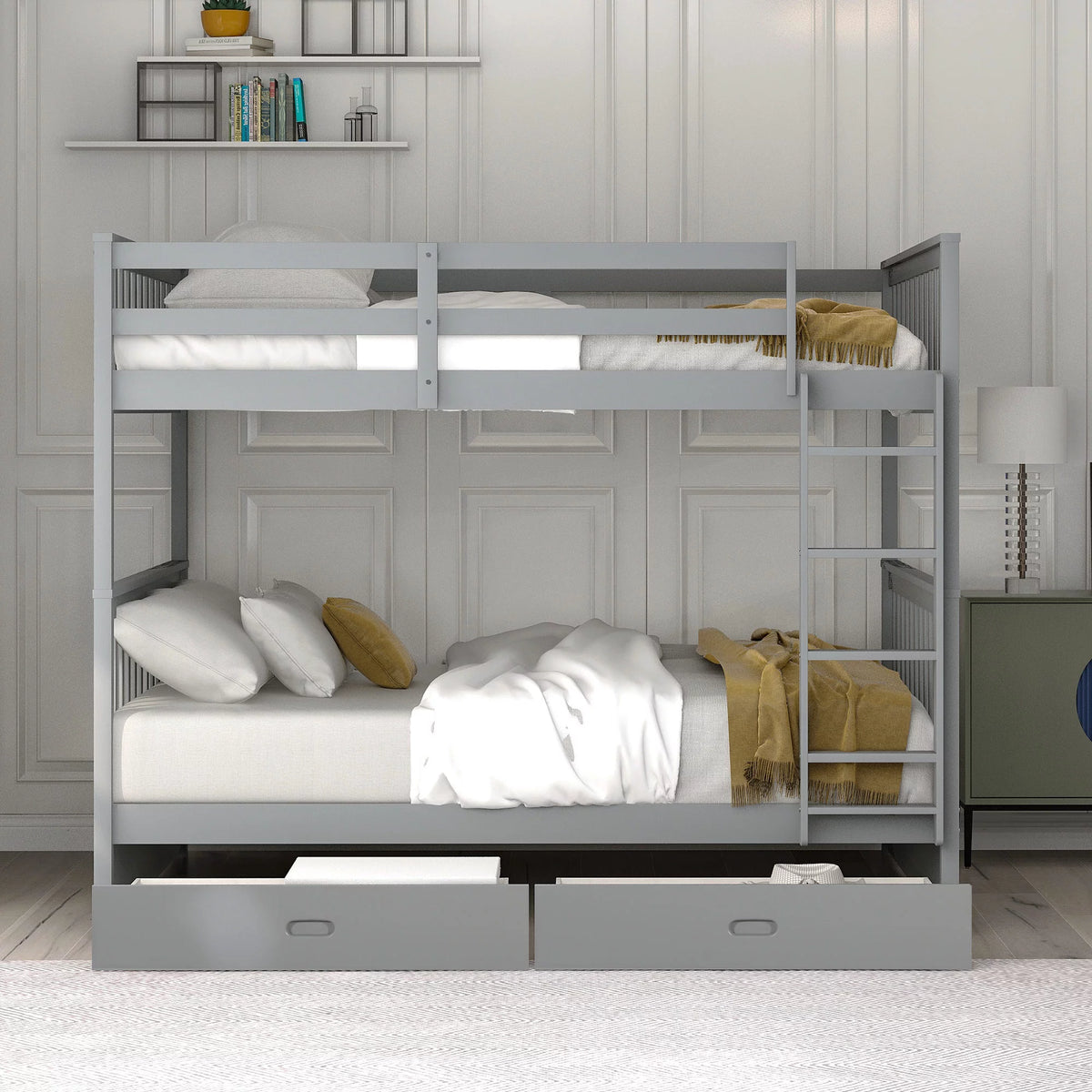 Full over Full Bunk Bed with Ladder and 2 Drawers, Gray U593688