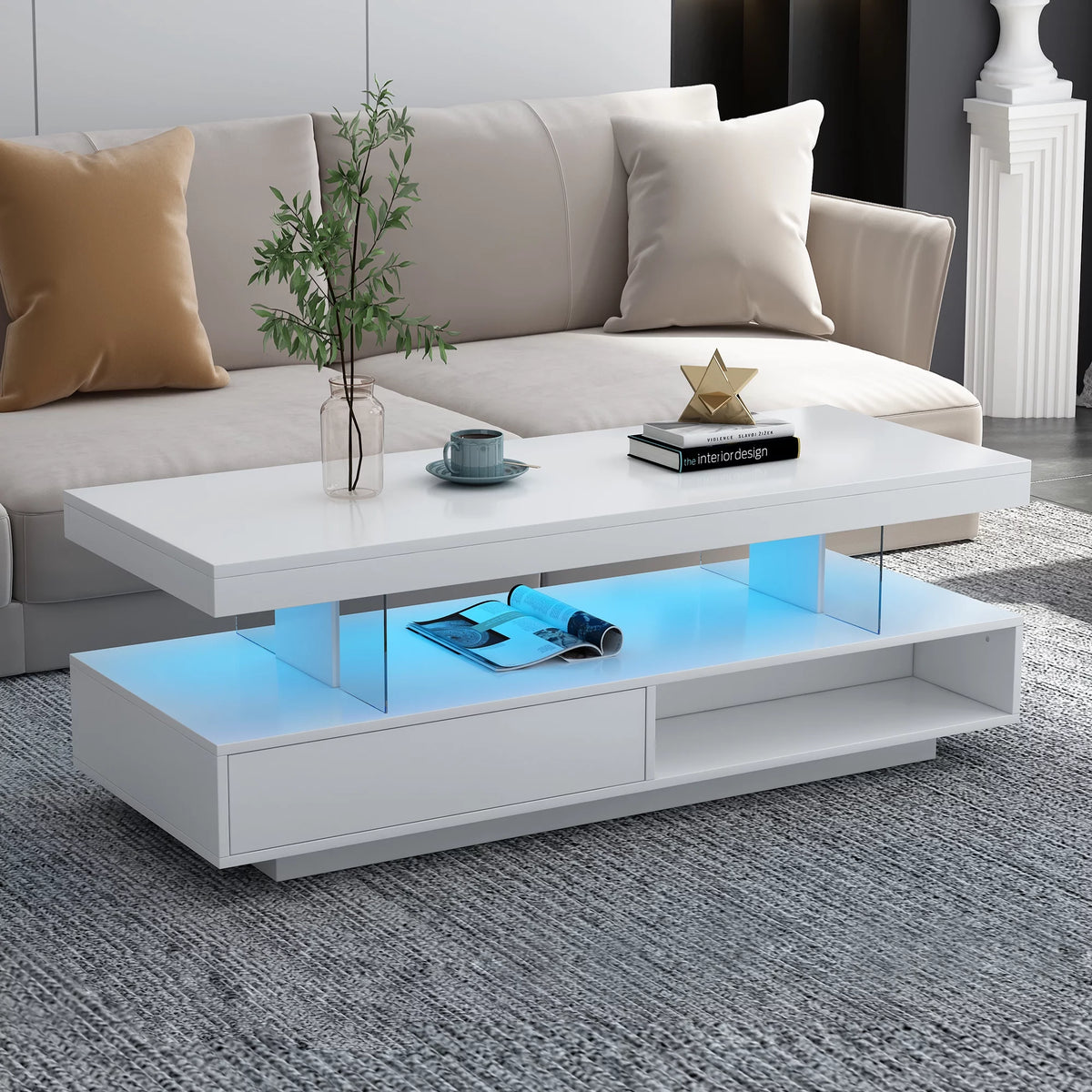White LED Coffee Table with Storage and 2 Drawers L4029