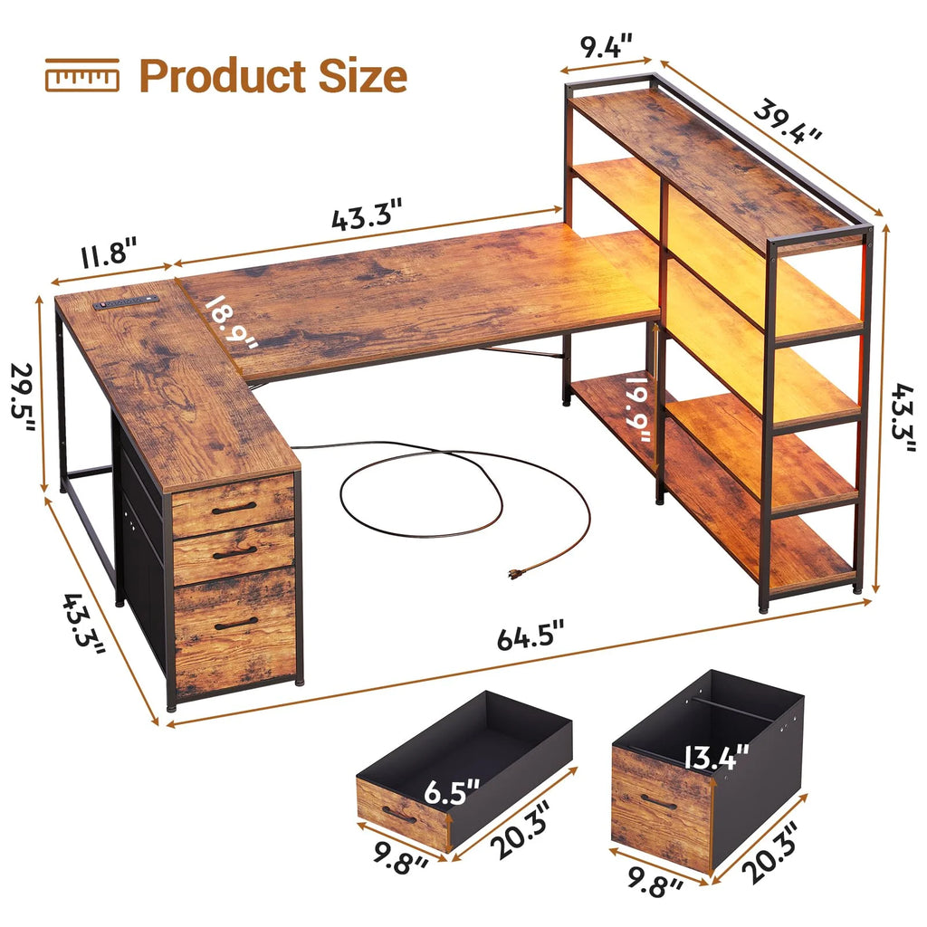 Reversible U Shaped Computer Desk with Power Outlet and LED Strip Y5094