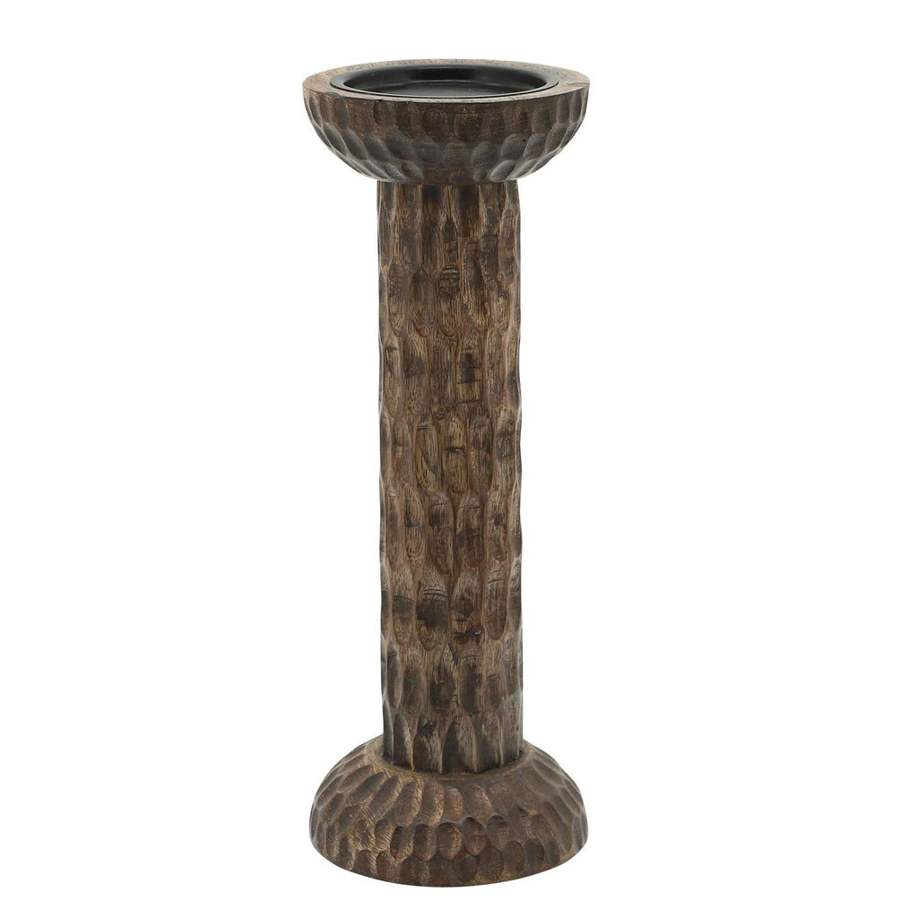 Brown Hammered Mango Wood Pillar Candle Holder P5108