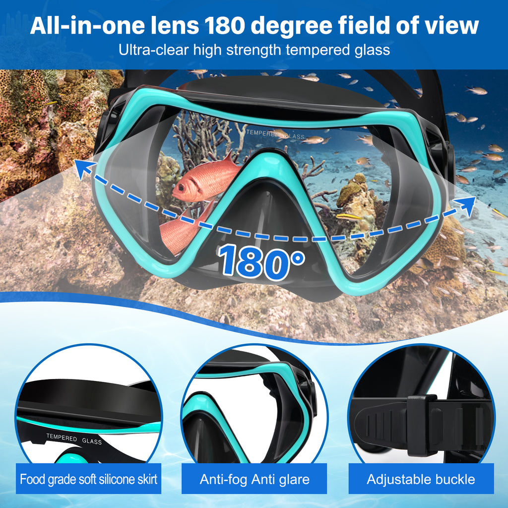 5 in 1 Snorkeling Gear Set with Tempered Glass and Travel Bag J58716