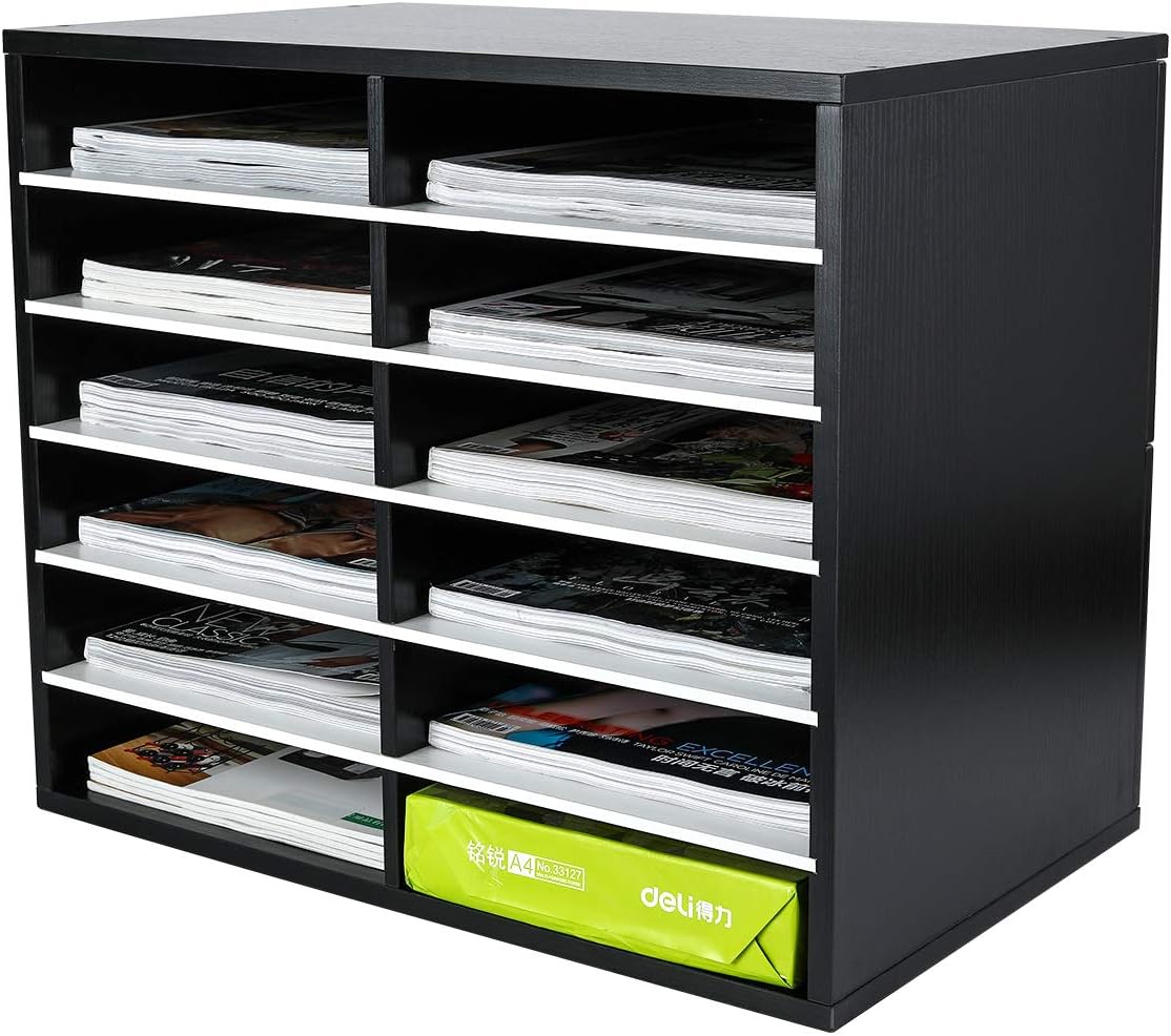 12 Compartments Black White Wood Desktop Literature Organizer H288920