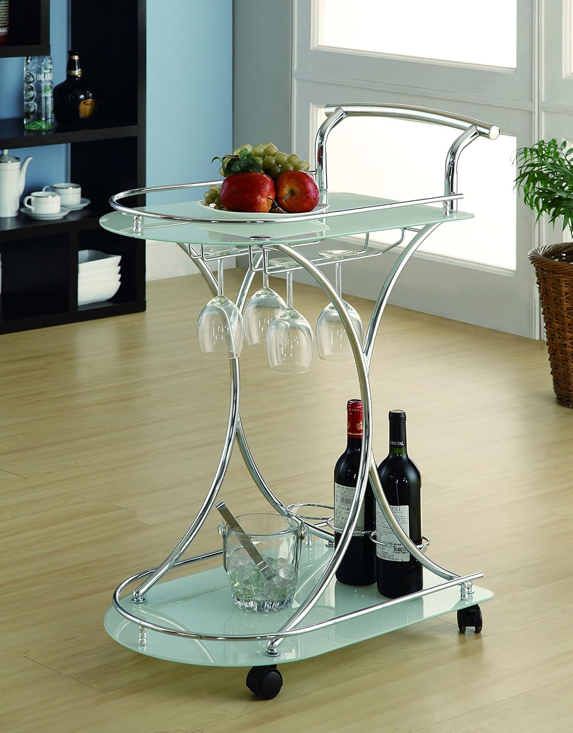 Chrome and White Serving Cart with 2 Frosted Glass Shelves W5427