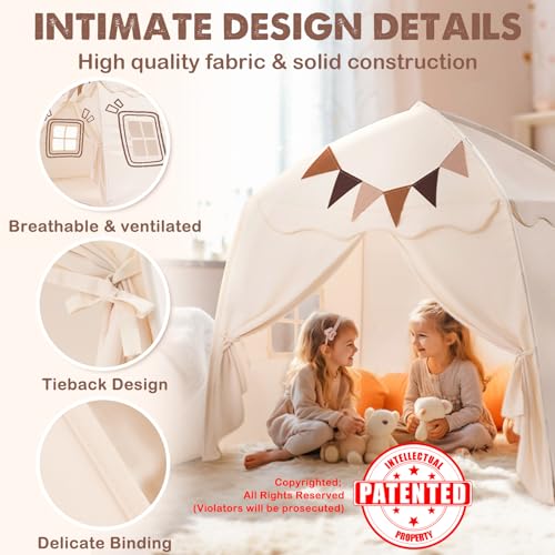 Cream Extra Large Kids Play Tent with Flags & Star Lights, 59x39x59 in F31781