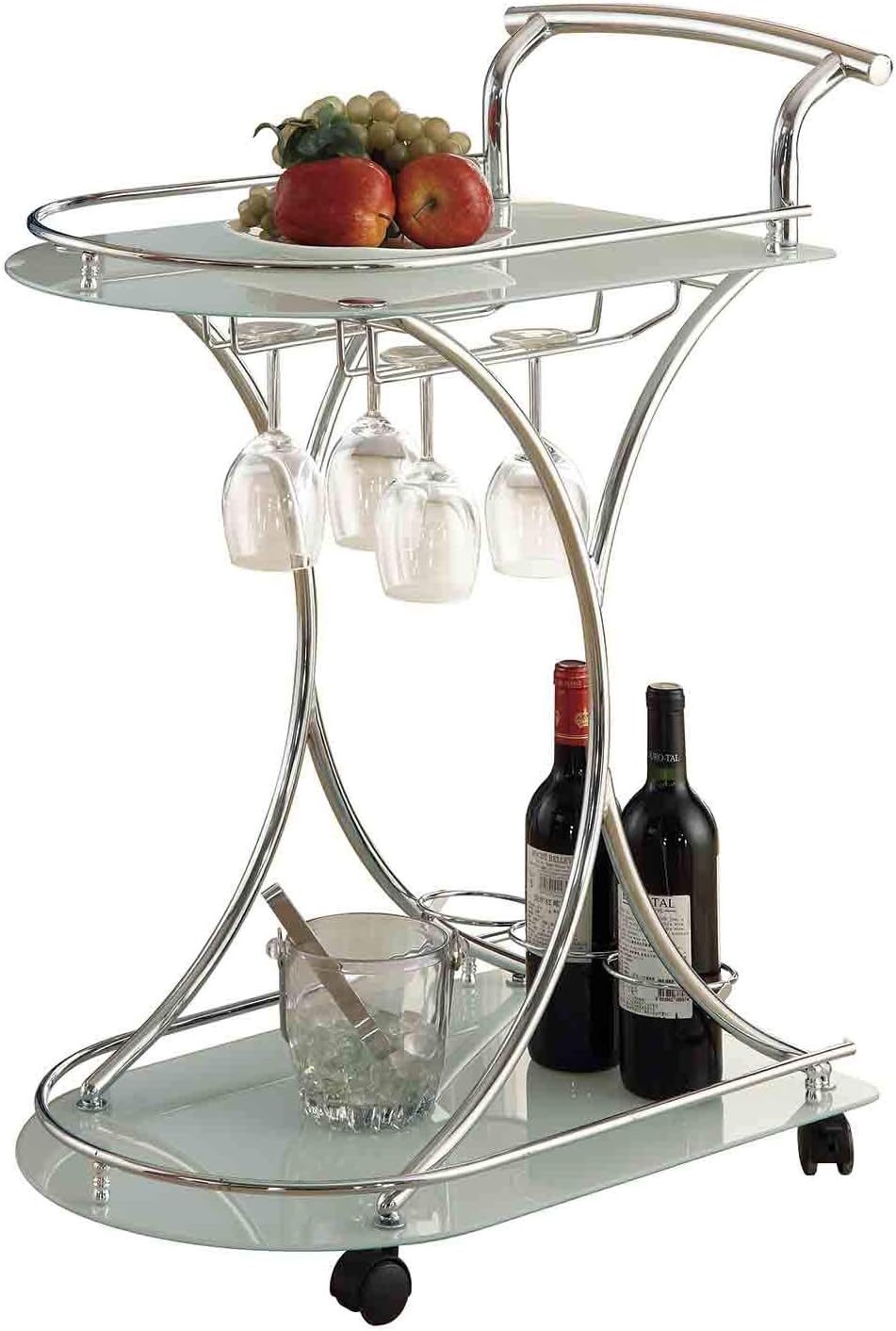Chrome and White Serving Cart with 2 Frosted Glass Shelves W5427
