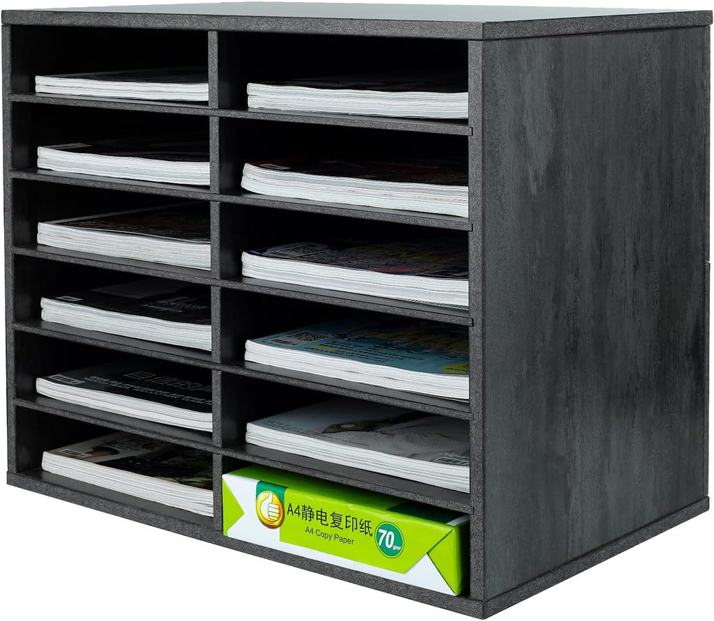 12 Compartments Black White Wood Desktop Literature Organizer H288920
