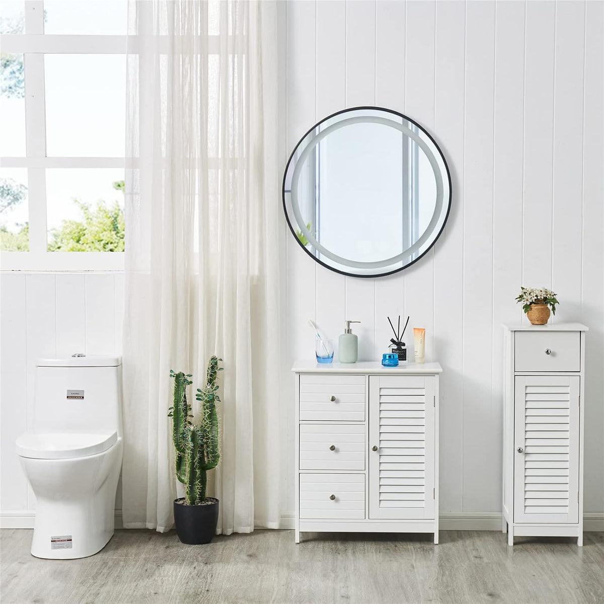 White Bathroom Storage Cabinet with 3 Drawers and 1 Two Layers Cabinet X2694