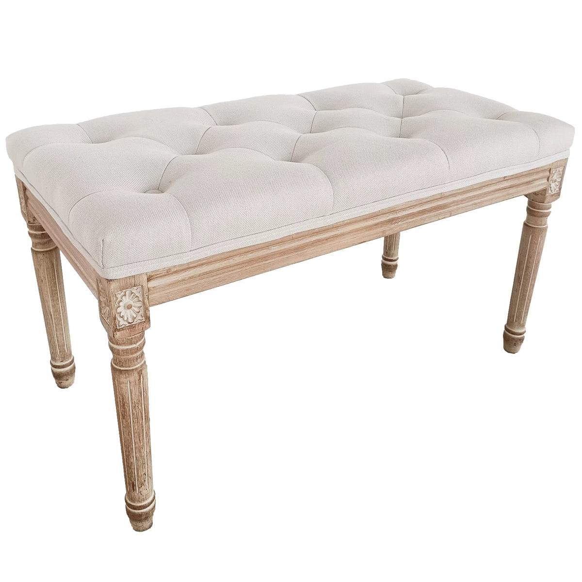Beige Upholstered Bench with Carved Wood Legs E30301