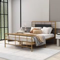 Queen Size Black Metal Platform Bed Frame with Leather Upholstered Headboard T16110