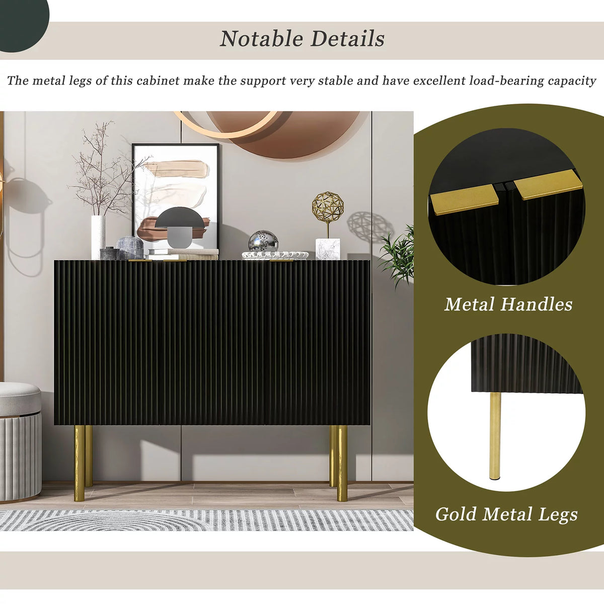 Black Modern Sideboard with Gold Metal Legs and Adjustable Shelves X472241