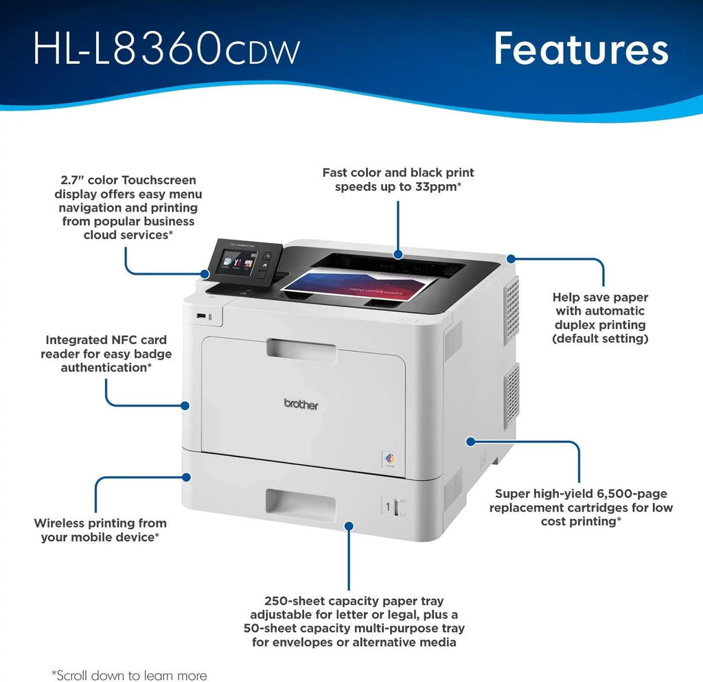 Color Laser Printer, 33 ppm, Auto 2-Sided Printing L352550