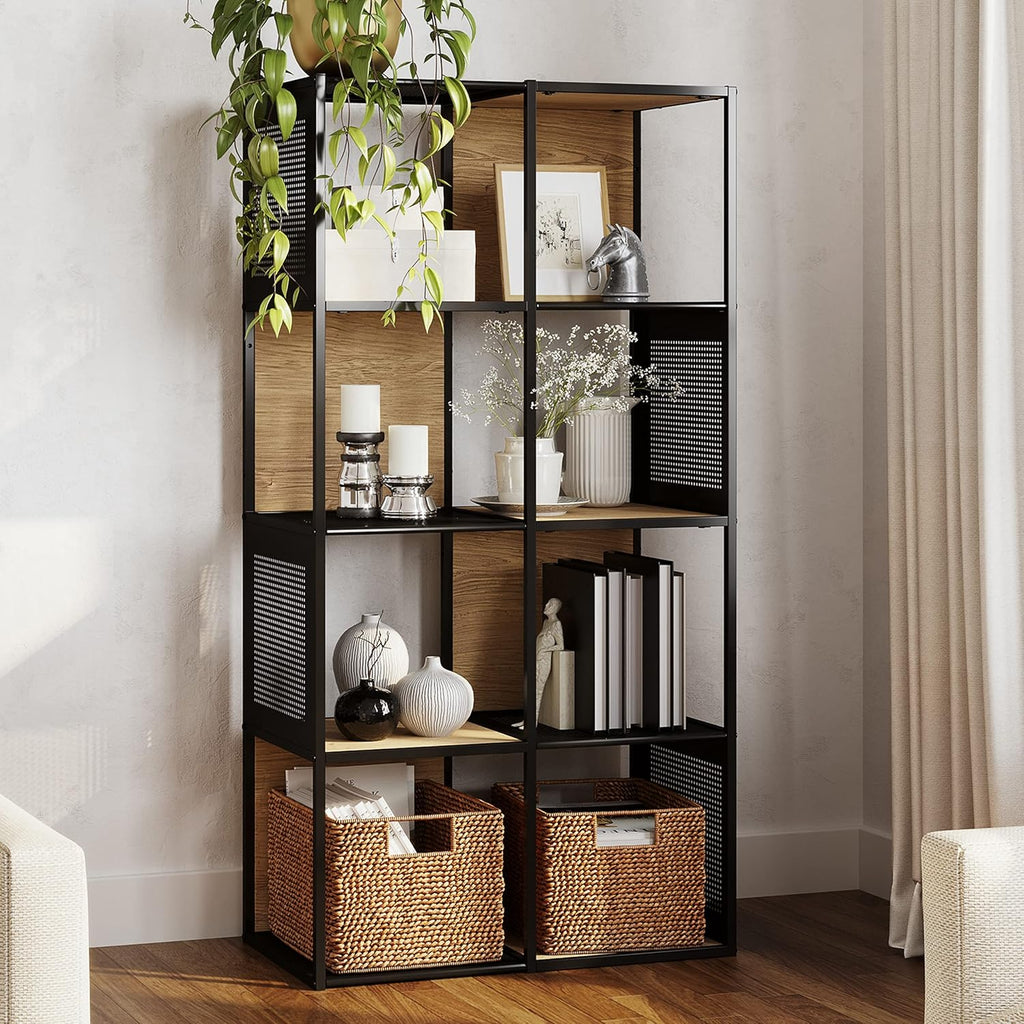 Oak and Black Wood and Metal Cube Storage Bookshelf D1351