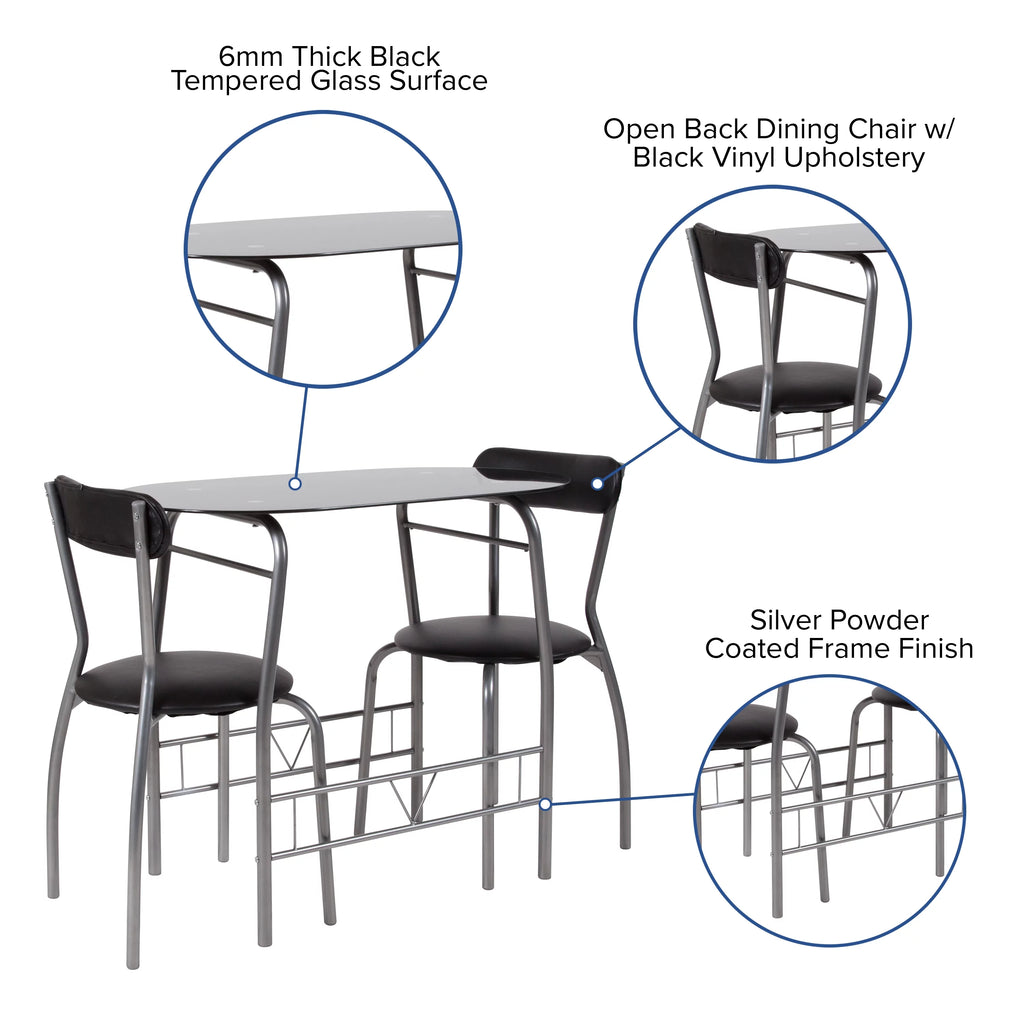 3 Piece Bistro Set with Black Glass Top Table and Black Vinyl Chairs J696