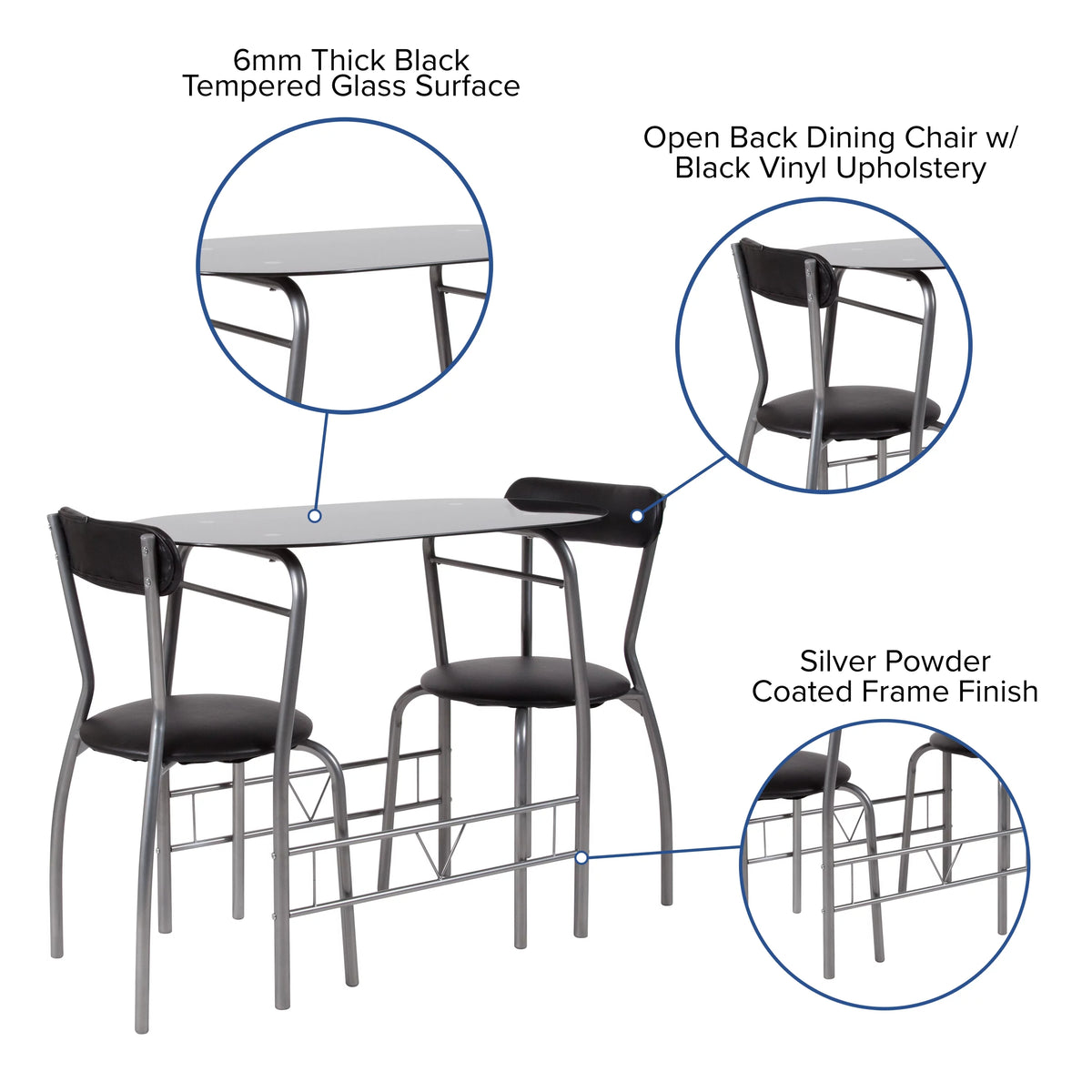 3 Piece Bistro Set with Black Glass Top Table and Black Vinyl Chairs J696