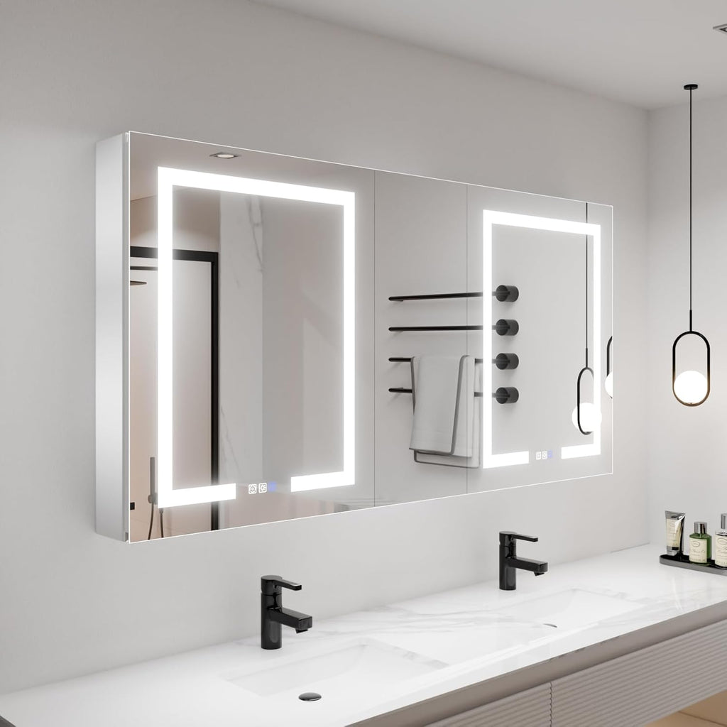 LED Lighted Bathroom Medicine Cabinet with Mirror, 60 x 30 Inch, with Extra Closed Storage Cabinet A981273