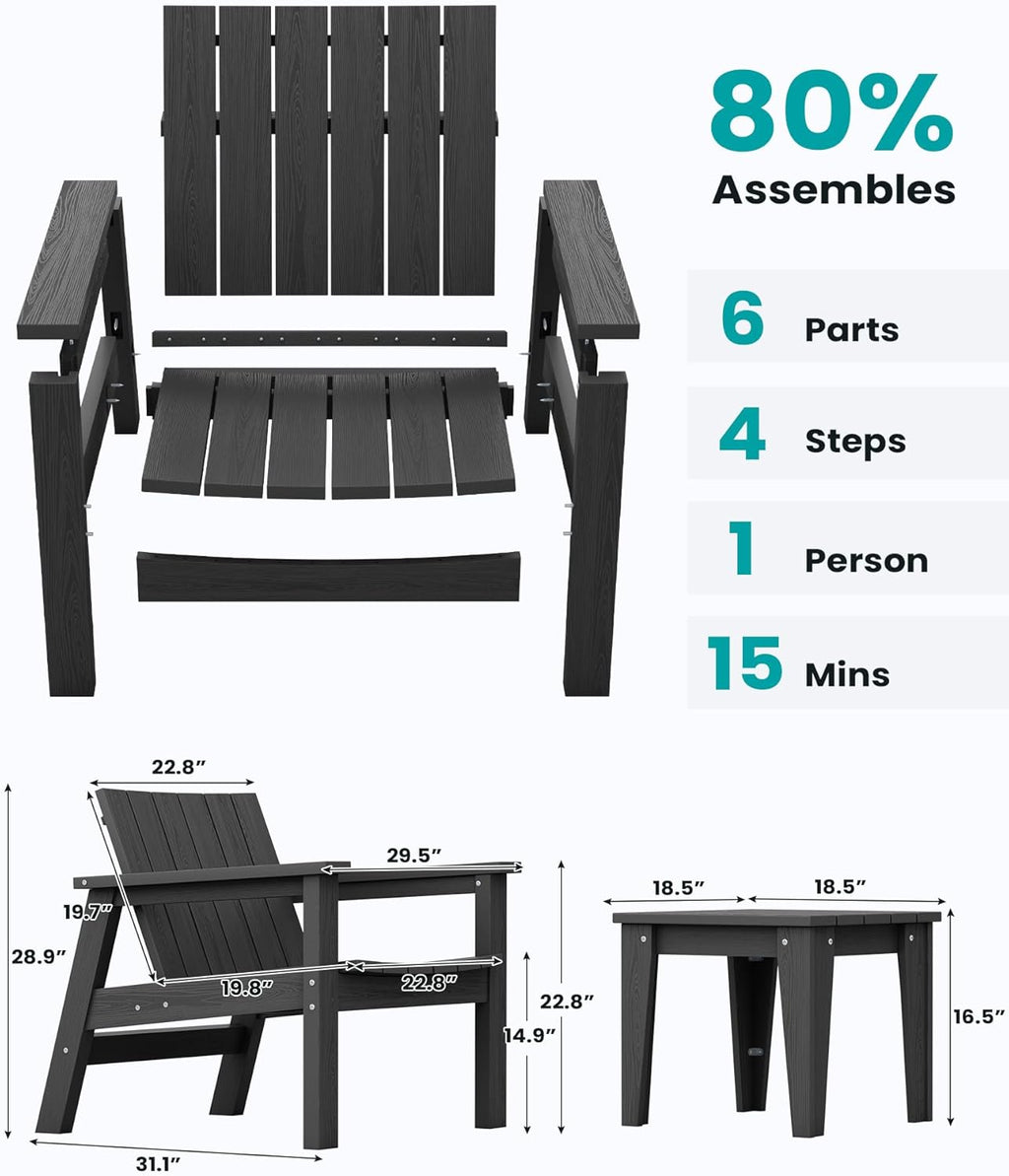 3 Piece HDPE Adirondack Chair Set with Side Table Black O18350