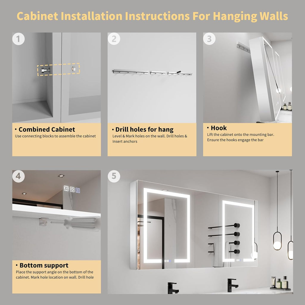LED Lighted Bathroom Medicine Cabinet with Mirror, 60 x 30 Inch, with Extra Closed Storage Cabinet A981273